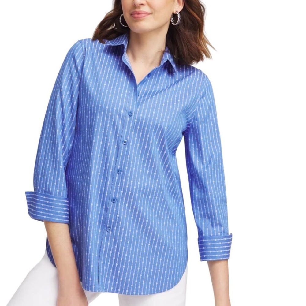 Chicos Blue No Iron Dot Stripe Stretch Shirt 3/4 Sleeve Button Down Chico 2 US12